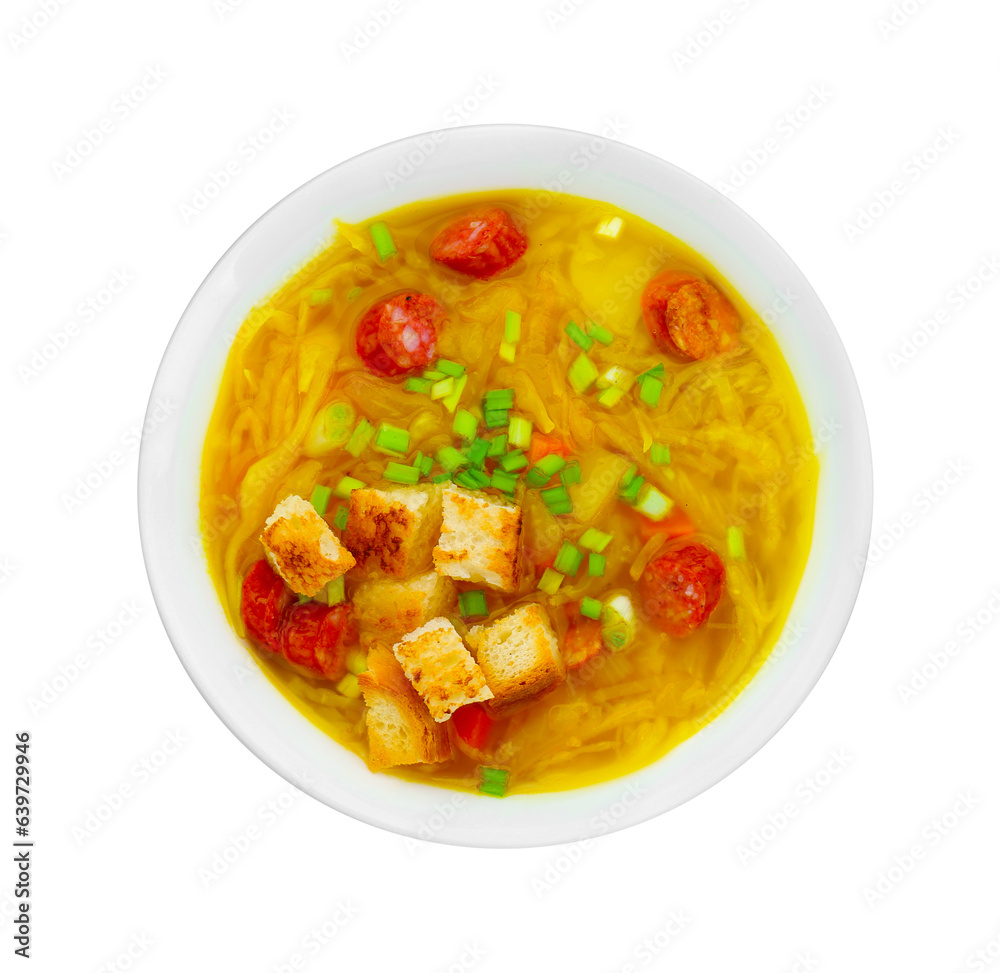 Bowl of delicious sauerkraut soup with smoked sausages, green onion and croutons isolated on white, top view Bowl of delicious sauerkraut soup with smoked sausages, green onion and croutons isolated on white, top view