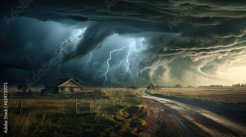 fondo de naturaleza con fuerte tormenta y tornados sobre el campo con una casa habitada photo