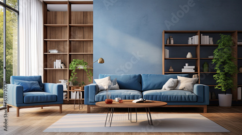 salón moderno con sofá azul, mesa de madera y estanterías con libros