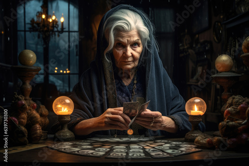 Old woman witch tarot card reading on the table in dark room Generative AI