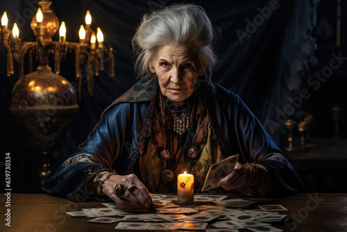 Old woman witch tarot card reading on the table in dark room Generative AI