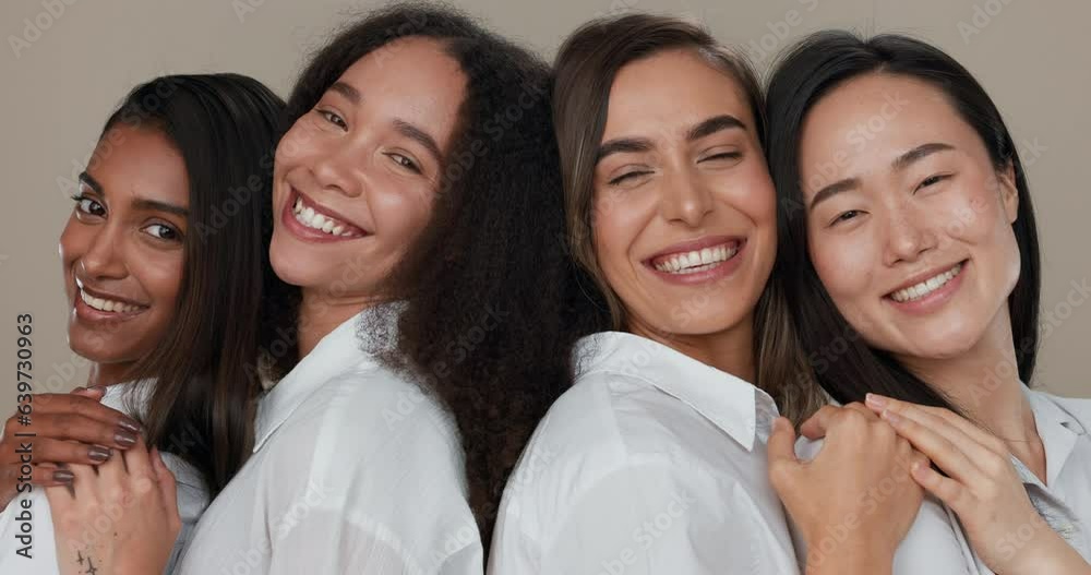 Beauty, diversity and portrait of women friends in studio for smile, inclusion and wellness. Face of happy people on neutral background for different facial care, dermatology glow or natural cosmetic