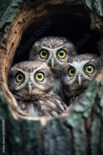 Three curious baby owls inside tree hole nest peeking out of the hole © ekim