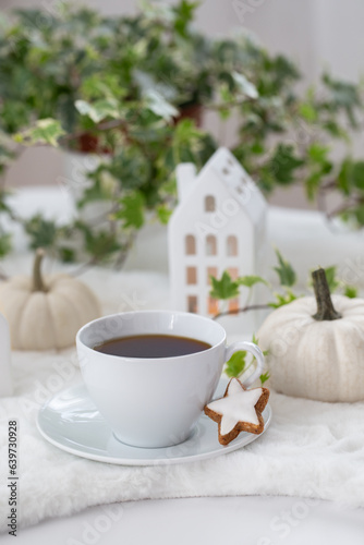 Fototapeta Naklejka Na Ścianę i Meble -  Cup of tea with home made cookies, decorative houses and pumpkins