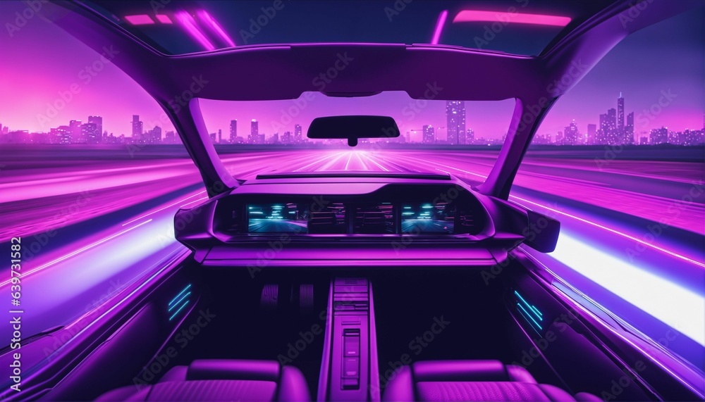 Futuristic synthwave car in purple neon driving at night, 80s outrun style