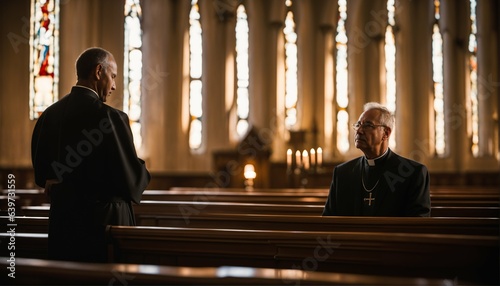 Two faithful priests praying in catholic church, devoted prayer photo