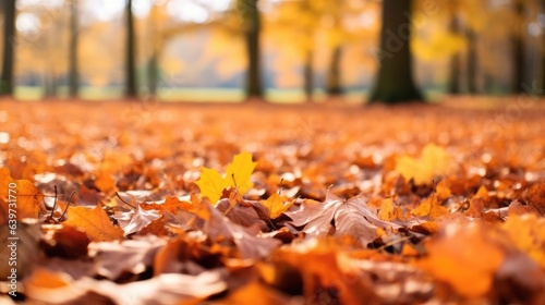 autumnal leaves on the ground in a park