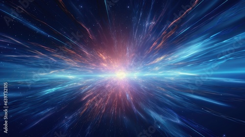Fotografia A 3D render of a hyperspace tunnel with an expanding galaxy, showcasing a cosmic explosion of energy and glow