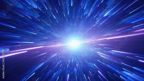 A 3D render of a hyperspace tunnel with an expanding galaxy, showcasing a cosmic explosion of energy and glow. The universe comes alive with bright stars, cosmic rays, and a neon burst