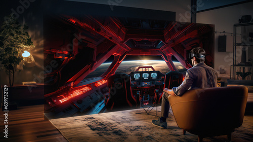 Man using VR goggles to view a spaceship cockpit © Gary