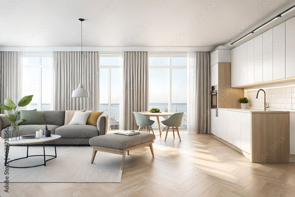 interior design spacious bright studio apartment in Scandinavian style and warm pastel white and beige colors. trendy furniture in the living area and modern details in the kitchen. 3d render interior design spacious bright studio apartment in Scandinavian style and warm pastel white and beige colors. trendy furniture in the living area and modern details in the kitchen. 3d render