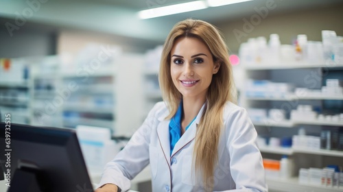 Portrait pharmacist woman at counter table with computer in a pharmacy 