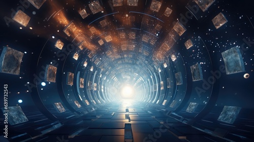 A 3D render of a hyperspace tunnel lined with clocks, an abstract representation creating a surreal visual experience of time travel and the fluidity of temporal dimensions © Mahenz