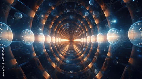 A 3D render of a hyperspace tunnel lined with clocks, an abstract representation creating a surreal visual experience of time travel and the fluidity of temporal dimensions photo