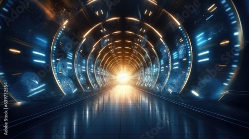 A 3D render of a hyperspace tunnel lined with clocks, an abstract representation creating a surreal visual experience of time travel and the fluidity of temporal dimensions