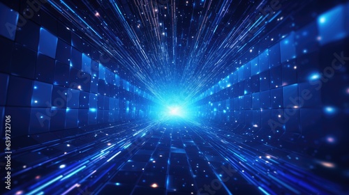 A 3D render of a hyperspace tunnel illuminated by lights, abstract futuristic business, modern technology. Beautiful blue abstract background contrasts futuristic technology, neon lights