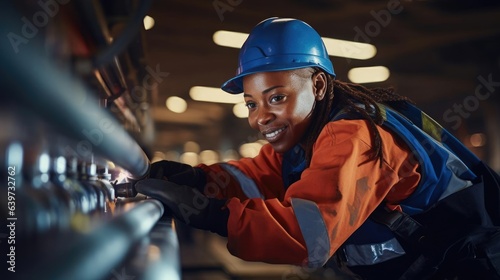 Woman plumber working near metal pipes indoor