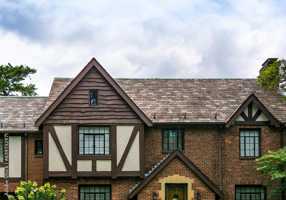Two-story beautiful old brick house facade, Boston, MA, USA