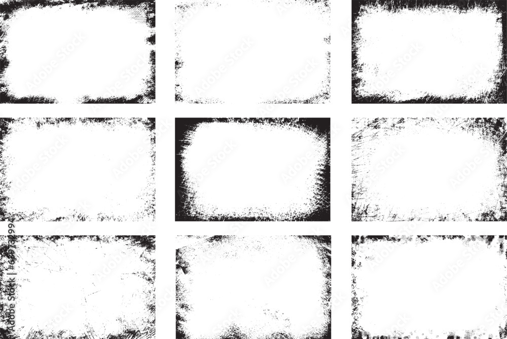 Obraz premium Old damage Dirty grainy and scratches. Set of different distressed black grain texture. Distress overlay vector textures. Overlay textures set stamp with grunge effect.
