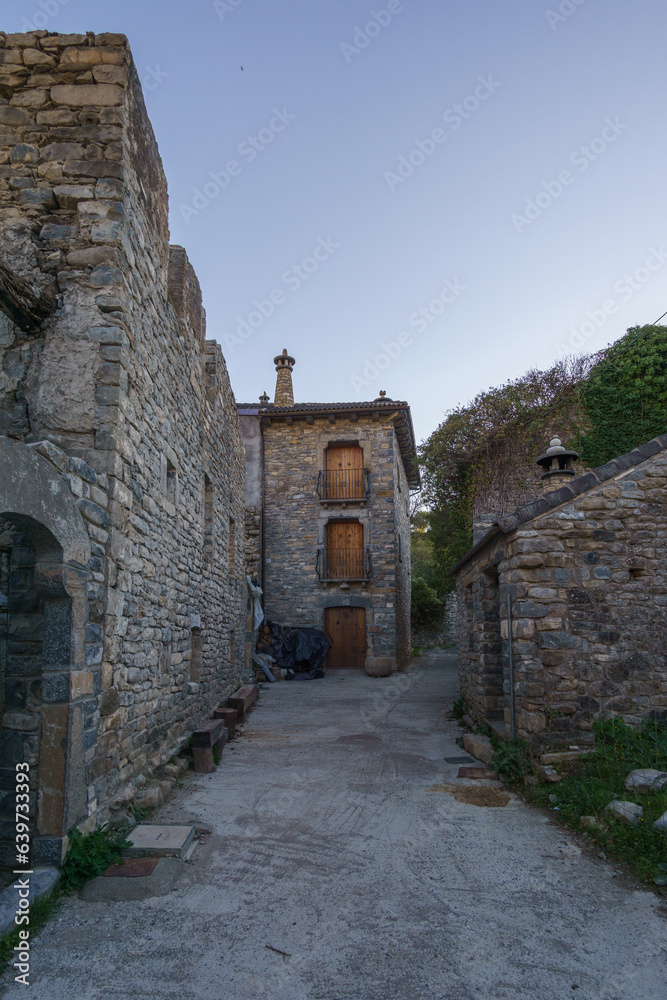 Abandoned ruins of village Janovas in the Pyrenees mountains, Aragon, Huesca, Spain
