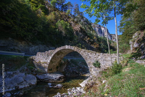 Isaba medieval bridge over the Belagua river, Pyrenees Mountains, Navarre, Spain photo
