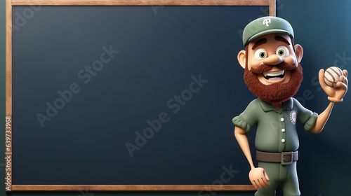 Baseball coach character with blackboard, chalkboard isolated background with copy space, 3D rendering
