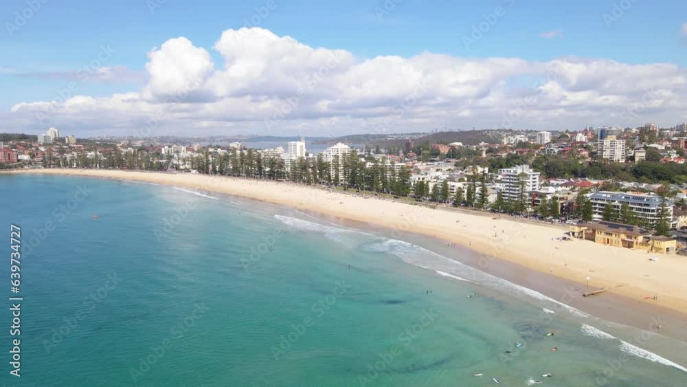 Aerial drone view of Manly Beach on the Northern Beaches of Sydney, NSW Australia in August 2023 Aerial drone view of Manly Beach on the Northern Beaches of Sydney, NSW Australia in August 2023