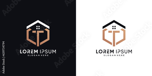 Letter t and house logo design vector illustration with hexagon concept