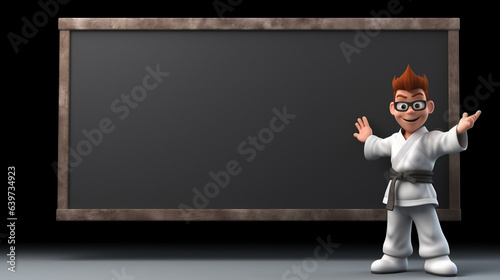 Karate sensei character with blackboard, chalkboard isolated background with copy space, 3D rendering