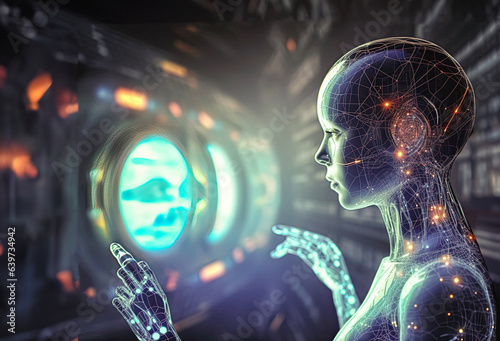 female cyborg touching hologram screen ovefintech finance technology changing the world concept and way of working between human and artificial intelligence, advanced technology, futuristic, economy  