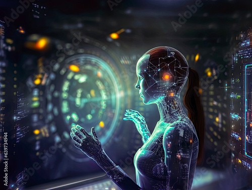 female cyborg touching hologram screen ovefintech finance technology changing the world concept and way of working between human and artificial intelligence, advanced technology, futuristic, economy  