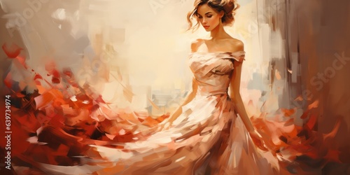 oil painting of an elegant lady in a gorgeous dress, generative AI