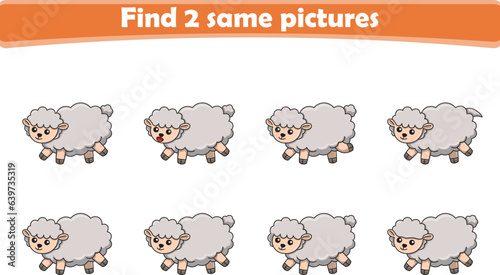 Funny cartoon sheep. Find two same pictures. Educational game for children. Cartoon vector illustration