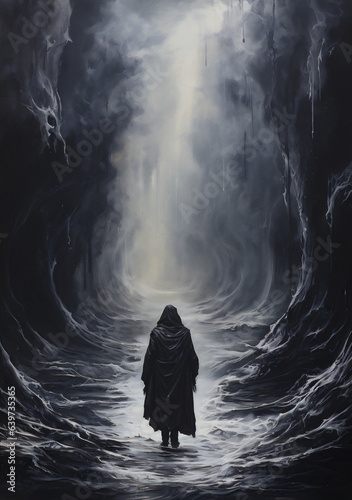 Mysterious dark forest with a man in a black cloak in the fog