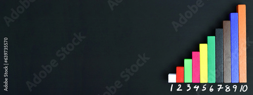 Colorful wooden rectangles for math cuisenaire rods and white color chalk hand drawing on black chalkboard. Mathematical concepts. detail for text creative, backdrop and Design for Long web banner.