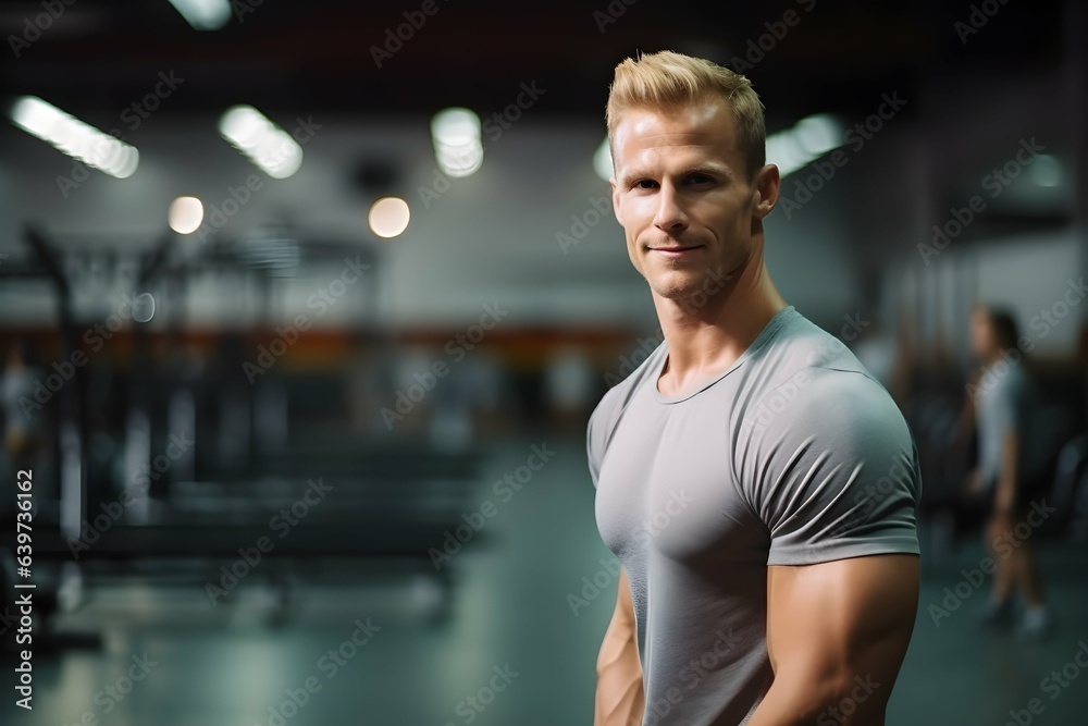 Muscular caucasian blond male fitness coach in a gym background, isolated on the right side, professional trainer, Horizontal format 3:2 Muscular caucasian blond male fitness coach in a gym background, isolated on the right side, professional trainer, Horizontal format 3:2