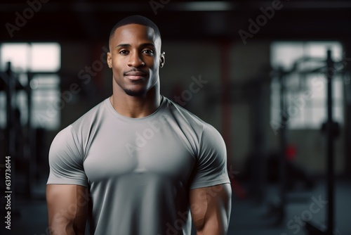 Confident African American male fitness coach in a gym background, professional trainer, Horizontal format 3:2