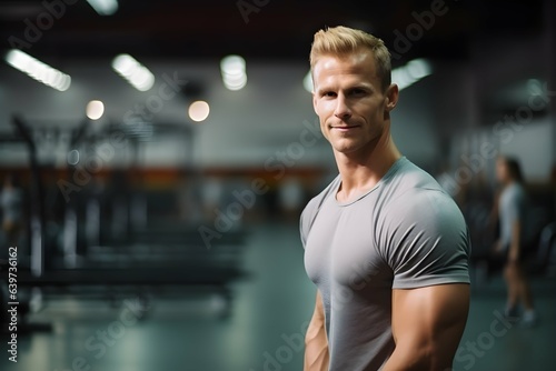 Muscular caucasian blond male fitness coach in a gym background, isolated on the right side, professional trainer, Horizontal format 3:2