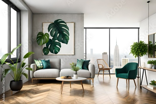 Simple urban jungle style interior with gray chairs, green plaid, tropical pattern pillows and plants on white wall background. 3D renders. Modern living room