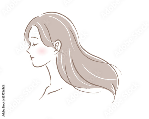 サラサラロングヘアの女性の横顔のイラスト