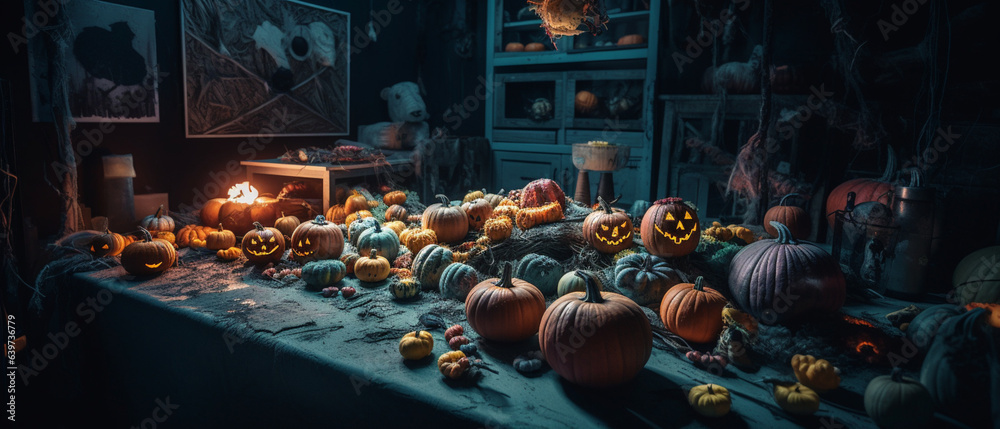 Colorful background of Halloween collection, Halloween celebration, iconic decorations such as pumpkin, spiderweb and skulls created with Generative AI Technology - obrazy, fototapety, plakaty 