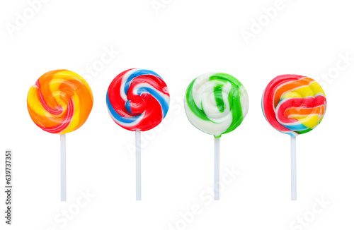 Colorful lollipops, different colored round candy stand in row isolated on white background with clipping path. © Yuphayao Pooh's