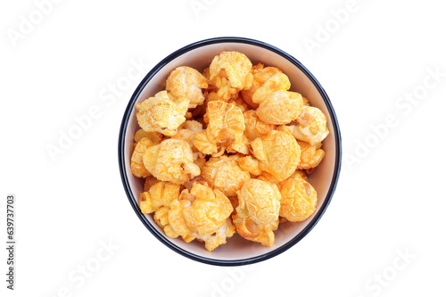 Popcorn with cheddar cheese in round ceramic bowl on a white background with clipping path. Delicious cheese popcorn