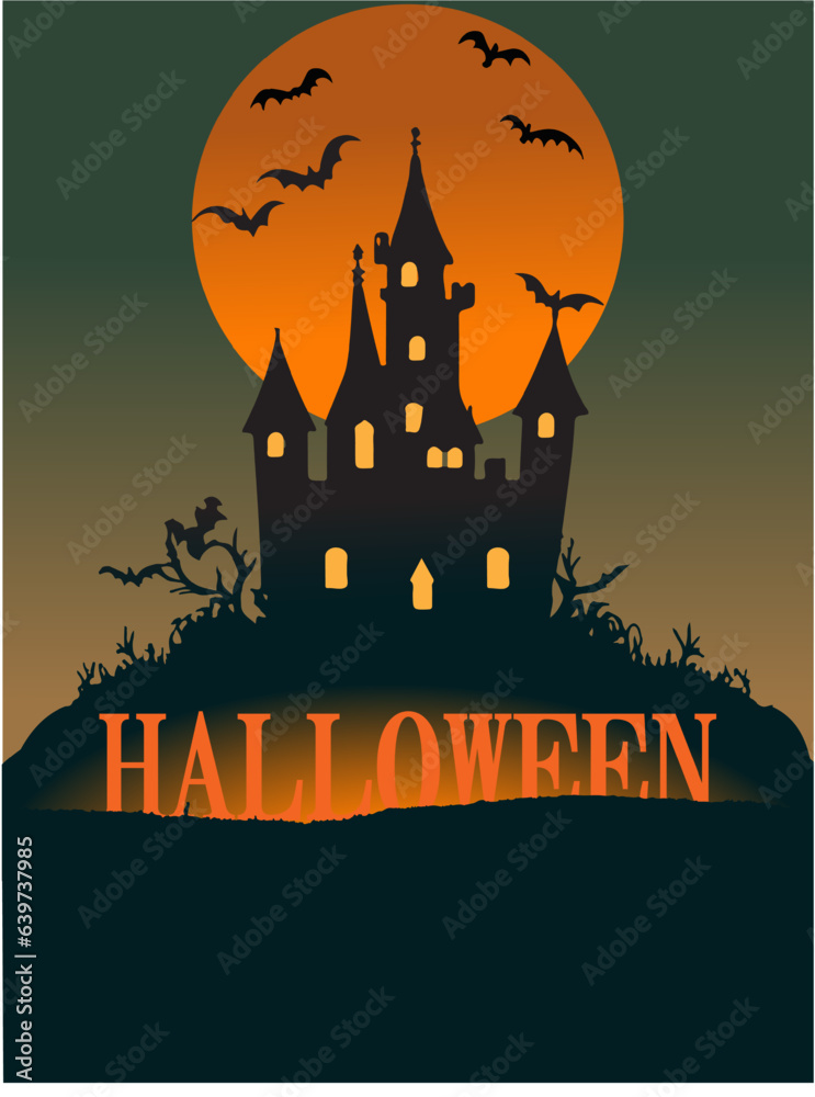 Halloween pumpkin and dark castle on orange moon background, illustration.