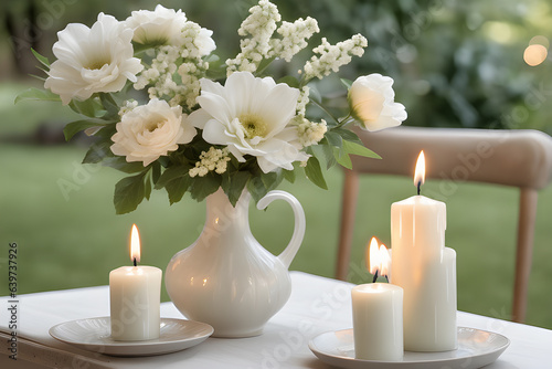 A delicate floral arrangement of white flowers and three white candles burning in a garden setting_