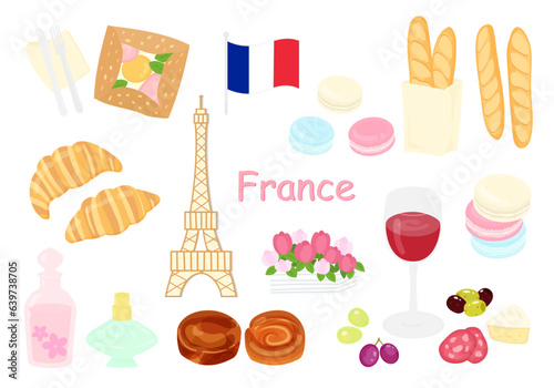 エッフェル塔やマカロン、ワインなどフランスをイメージした可愛いイラスト素材セット