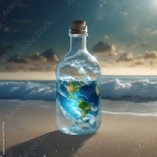 The world and the climate crisis in a glass bottle by the sea on the beach.