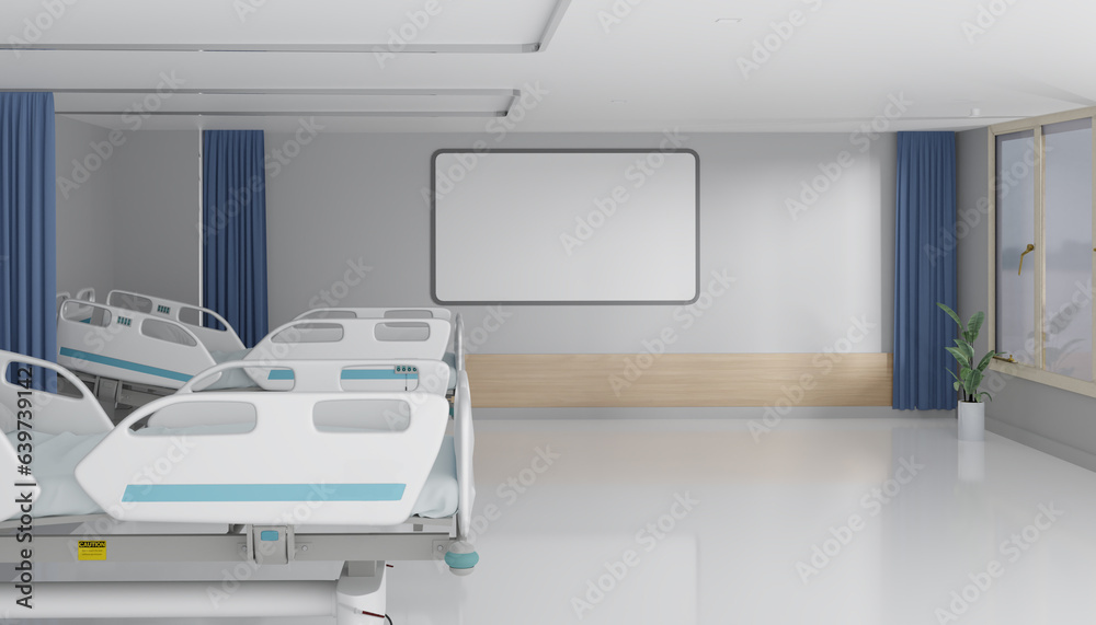 Mock up hospital room design with picture frames for text and your element, 3d illustrations rendering