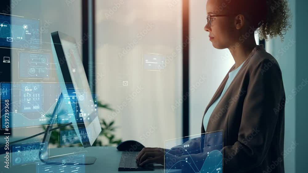 Young black woman working in office and digital data concept. Digital transformation. Management strategy.