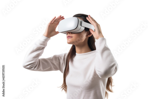 A young woman experiencing virtual reality using a VR Box on a transparent background